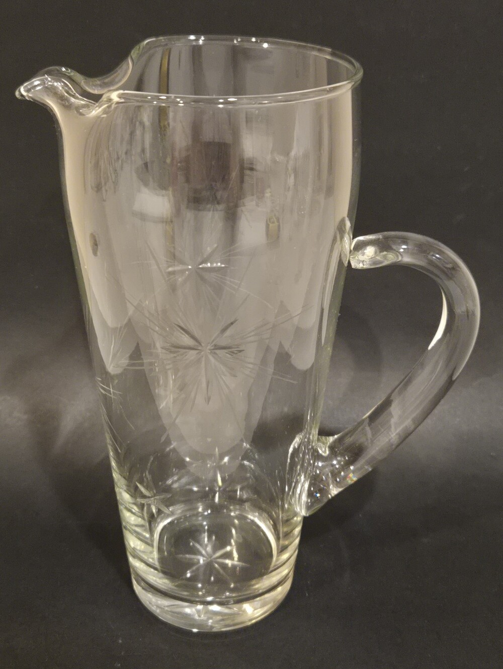MCM Clear Starfire Etched Glass Pitcher with Handle And Ice Spout